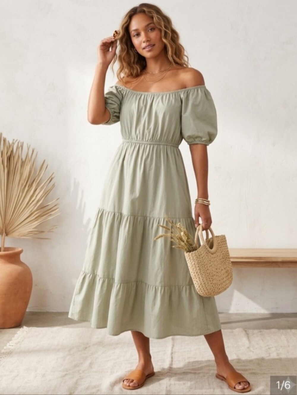 Puff Sleeve Tiered Maxi Light Sage Cotton Dress